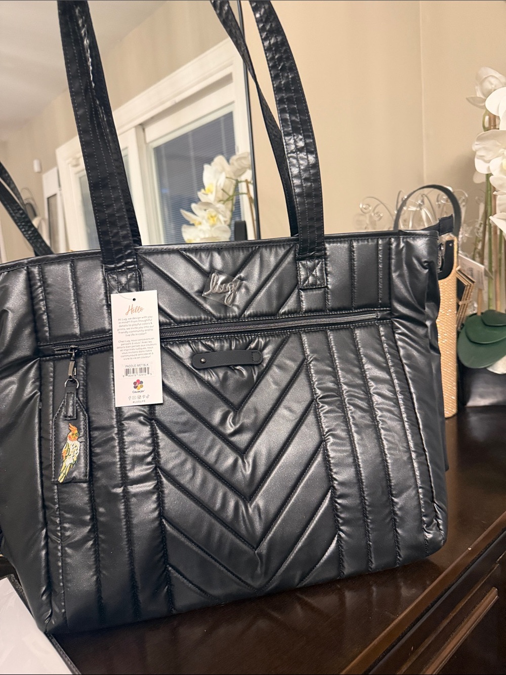 lug Paddle Metallic Black Quilted Crossbody Tote